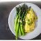 Scrambled eggs with bacon and asparagus