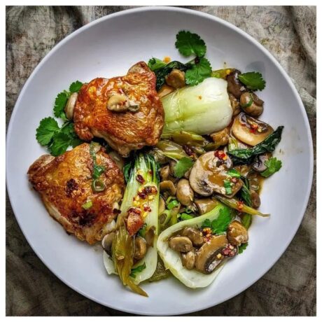 Crispy Chicken with a Savory Mushroom and Celery Oyster Sauce.
